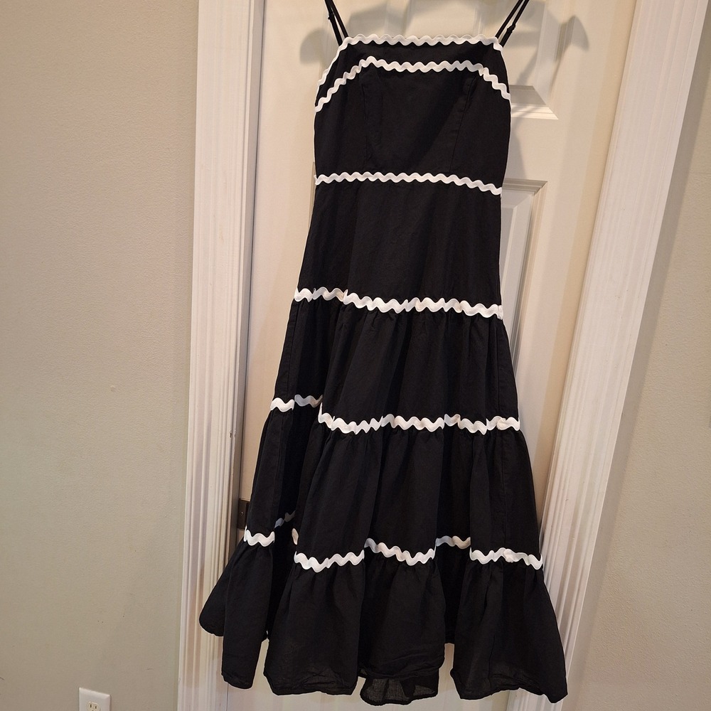 Hausen Tiered Maxi‎ Dress Sz S Black White Ric Rac Trim Spaghetti Strap Preppy